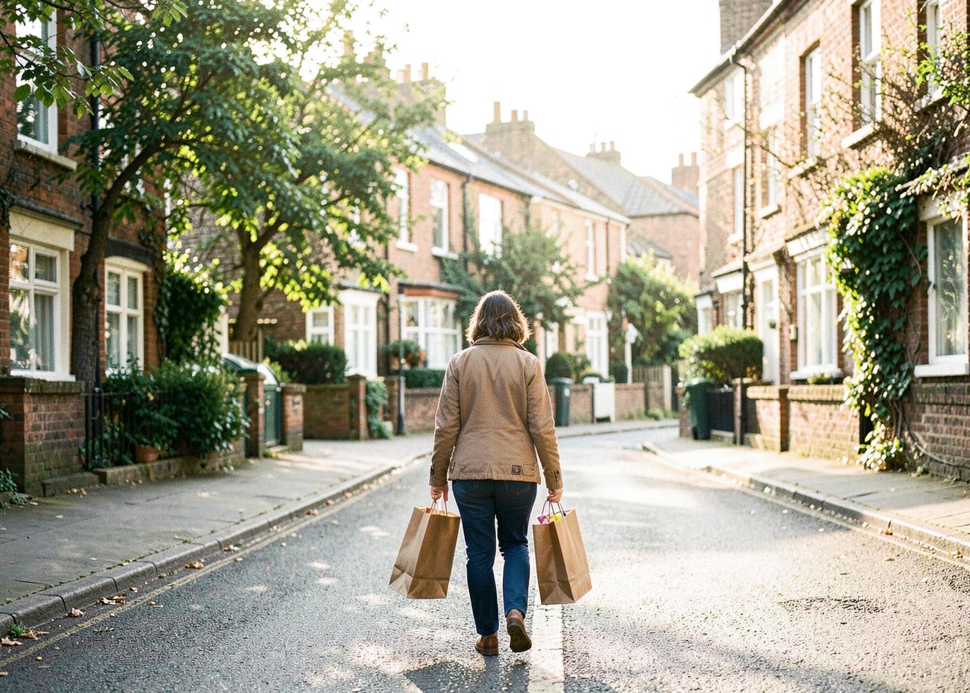 A person walking home along a quiet residential street carrying shopping bags
