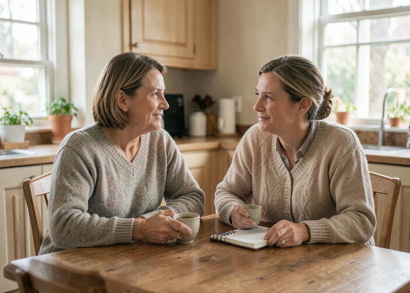 Two people talking calmly over cups of tea at a kitchen table, one taking notes